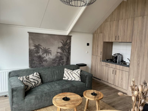 Sala moderna en Tiny Beach House, Bad Hoophuizen, Países Bajos, con sofá verde y cocina compacta.