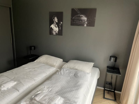 Moderne soveværelse ved Velthorst, Bad Hoophuizen, Nederlandene med to enkeltsenge og sort vægkunst.