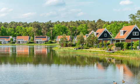 Pond and accommodation overview - EuroParcs De Zanding - Otterlo, Gelderland, Netherlands
