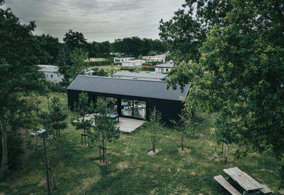 Lodge ved t Kroaje på Holiday park De Klepperstee i Holland, omgivet af grønne træer og åbne områder.