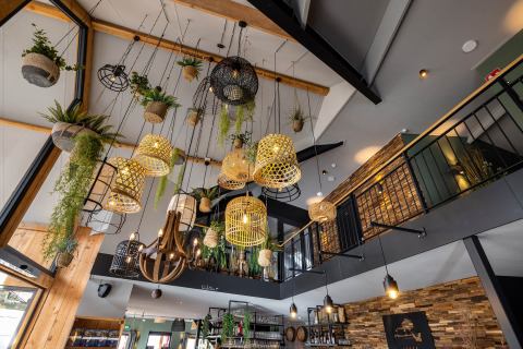 Modern interieur van Papillon Country Resort met hangende planten en rieten lampen in Overijssel, Nederland.
