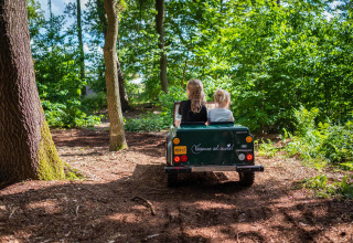 Twee kinderen rijden in een kleine jeep door een bosrijk pad bij Papillon Country Resort in Overijssel.