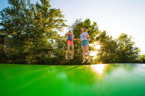 Twee kinderen springen samen op een grote groene luchtkussen bij Papillon Country Resort, Overijssel.