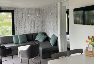 Moderne woonkamer in Bungalow Cottage Prestige op Papillon Country Resort met zetel, tv en tulpenboeket.