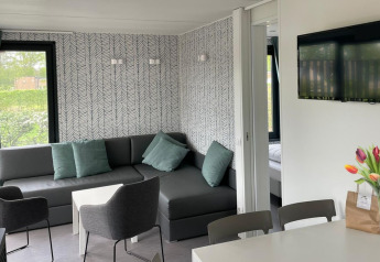 Moderne woonkamer in Bungalow Cottage Prestige op Papillon Country Resort met zetel, tv en tulpenboeket.