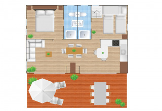 Plano de Bungalow Cottage Prestige con dos dormitorios, sala, cocina y terraza en Papillon Country Resort, Países Bajos.