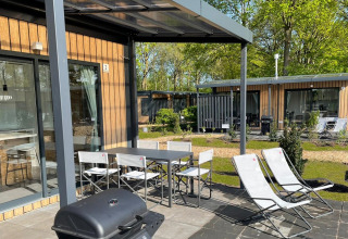 Buitenterras met tafel, stoelen, ligzetels en barbecue aan Bungalow Cottage Prestige bij Papillon Country Resort.