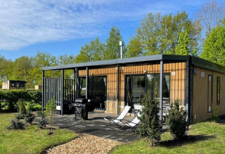 Bungalow Cottage Prestige tiny house op Papillon Country Resort in Nederland, omgeven door natuur.