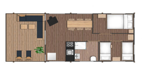 Plan de la tente Safari Comfort au Papillon Country Resort, Pays-Bas, montrant deux chambres.
