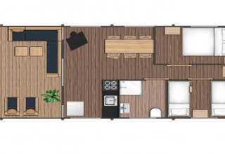 Plano de la tienda Safari Comfort en Papillon Country Resort, Países Bajos, con dos dormitorios.