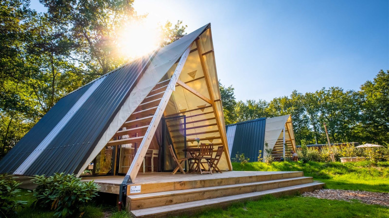Tiny house tipo cabaña con jacuzzi en Papillon Country Resort, Países Bajos, rodeada de naturaleza.