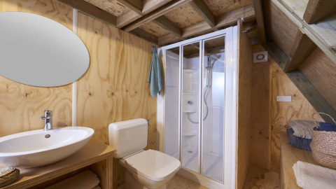 Baño moderno con paredes de madera, ducha, lavabo, inodoro y espejo ovalado en una casa pequeña.