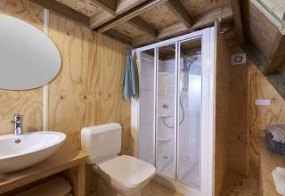 Baño moderno con paredes de madera, ducha, lavabo, inodoro y espejo ovalado en una casa pequeña.
