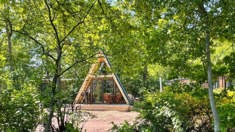 A tiny luxury A-frame cabin with a wooden terrace surrounded by trees at Papillon Country Resort, Netherlands.