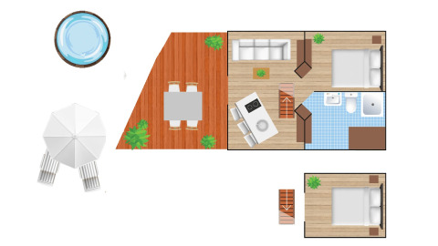 Plano de una tiny house con jacuzzi, terraza, dos dormitorios y sala de estar en un resort rural de Holanda.