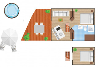 Plano de una tiny house con jacuzzi, terraza, dos dormitorios y sala de estar en un resort rural de Holanda.