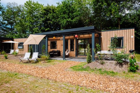 Cottage Next XXL Family Deluxe lodge op Papillon Country Resort, Nederland, met terras tussen het groen.
