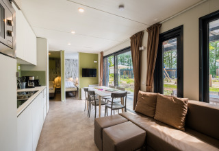 Cottage Next XXL Family Deluxe-lodge på Papillon Country Resort i Holland med moderne interiør og store vinduer.