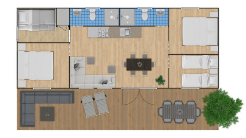 Grondplan van Cottage Next XXL Family Deluxe met drie slaapkamers, badkamers en terras in Papillon Country Resort.