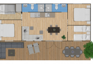 Grondplan van Cottage Next XXL Family Deluxe met drie slaapkamers, badkamers en terras in Papillon Country Resort.