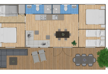Plattegrond van Cottage Next XXL Family Deluxe met drie slaapkamers, badkamers en terras op Papillon Country Resort.