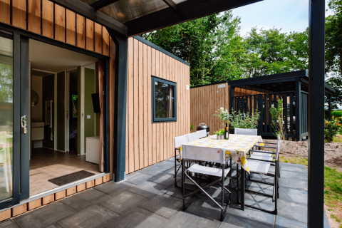 Buitenterras met eettafel bij Cottage Next XXL Family Deluxe op Papillon Country Resort, Nederland