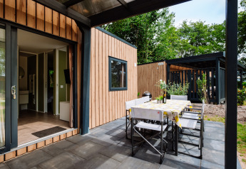 Buitenterras met eettafel bij Cottage Next XXL Family Deluxe op Papillon Country Resort, Nederland