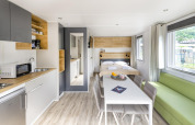 Interior de tiny house moderno y luminoso con cocina, mesa, cama y sofá verde en Papillon Country Resort, Países Bajos.