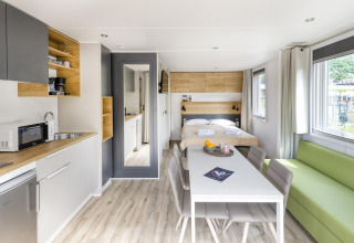 Interior de tiny house moderno y luminoso con cocina, mesa, cama y sofá verde en Papillon Country Resort, Países Bajos.