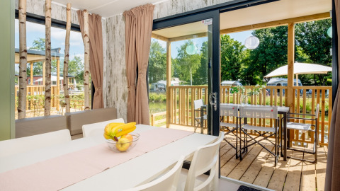 Moderne Fish Cabin Deluxe lodge met eethoek en terras op Papillon Country Resort in Nederland.