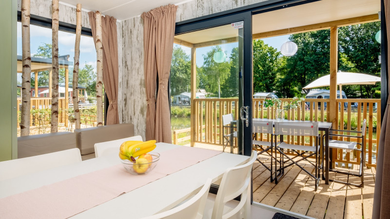 Modern Fish Cabin Deluxe lodge showing dining area and terrace at Papillon Country Resort, Netherlands.