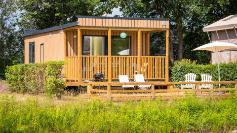 Fish Cabin Deluxe al Papillon Country Resort nei Paesi Bassi, moderno lodge con terrazza e lettini al sole.