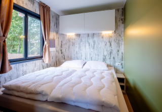 Dormitorio moderno en Fish Cabin Deluxe de Papillon Country Resort, Países Bajos, con cama doble y ventana.