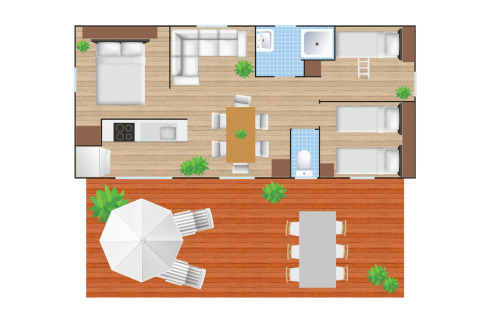 Plano del Cottage Next XL en Papillon Country Resort, Países Bajos, con terraza y zona de comedor.