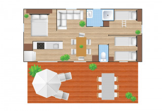 Plantegning af Cottage Next XL lodge ved Papillon Country Resort i Holland med terrasse og møbler.