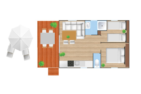 Plattegrond van Fish Cabin lodge in Papillon Country Resort, Nederland, met terras, leefruimte en twee slaapkamers.