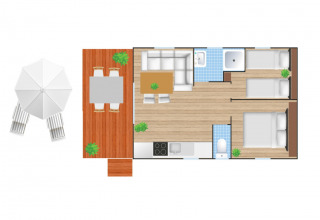 Plattegrond van Fish Cabin lodge in Papillon Country Resort, Nederland, met terras, leefruimte en twee slaapkamers.