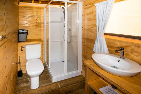 Badkamer met houten lambrisering, douche, toilet en lavabo in Air Lodge 2.0 van Papillon Country Resort, Nederland.