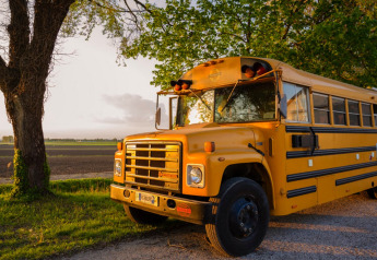 Scuolabus giallo parcheggiato all’ombra di un albero al tramonto presso la Schoolbus Papillon lodge.