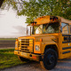 Skolebus parkeret ved Schoolbus Papillon lodge under et træ ved solnedgang, omgivet af natur.