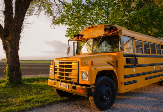 Autobús escolar amarillo aparcado al atardecer junto a un árbol en la posada Schoolbus Papillon.