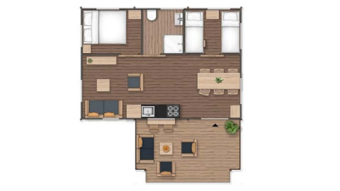 Plattegrond van de Safarilodge Deluxe in Papillon Country Resort Nederland met twee slaapkamers en een terras.