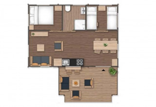 Plattegrond van de Safarilodge Deluxe in Papillon Country Resort Nederland met twee slaapkamers en een terras.