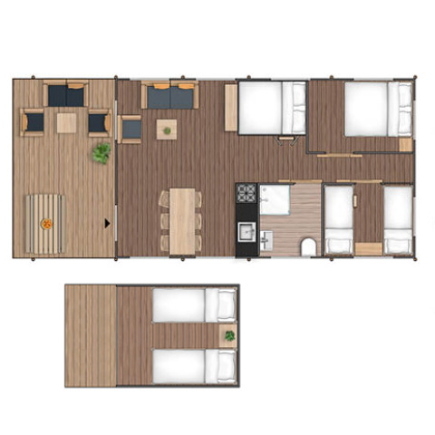 Plano del Safari tent Premium en Papillon Country Resort en los Países Bajos mostrando áreas y dormitorios.