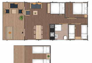 Plano del Safari tent Premium en Papillon Country Resort en los Países Bajos mostrando áreas y dormitorios.