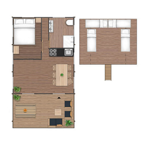 Plattegrond van Spotty Lodge Family safaritent met slaapkamers, leefruimte, keuken en terras.