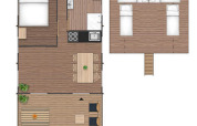 Plano de Spotty Lodge Family safari tent con dormitorios, sala de estar, cocina y terraza.