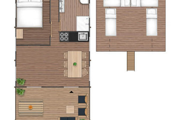 Plano de Spotty Lodge Family safari tent con dormitorios, sala de estar, cocina y terraza.
