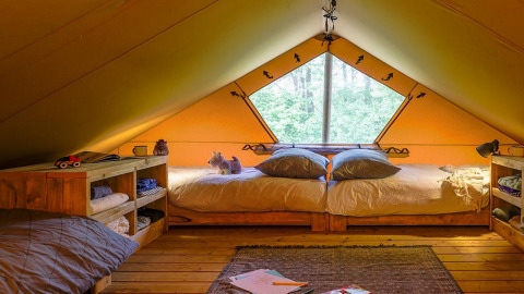 Zona notte accogliente nella tenda safari Spotty Lodge Family al Papillon Country Resort nei Paesi Bassi.