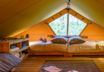 Slaapruimte van de Spotty Lodge Family safaritent op Papillon Country Resort in Nederland, gezellig ingericht.